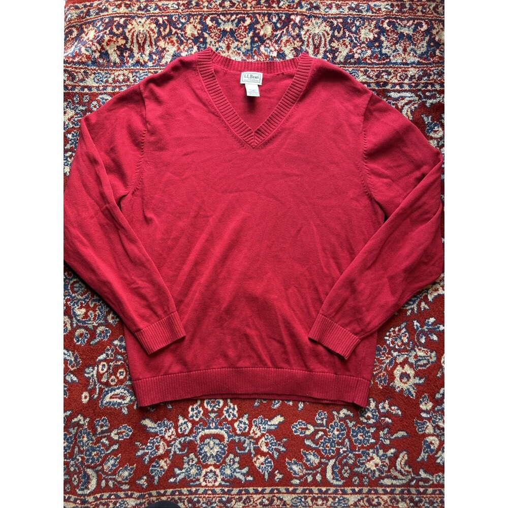 LL Bean Sweater Large Red 100% Cotton Knit V Neck Pullover Vintage